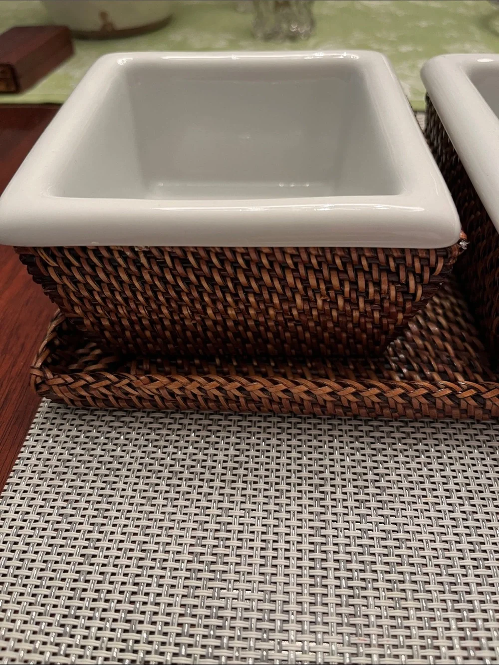 Williams Sonoma White Ceramic Triple Server with Woven Tray